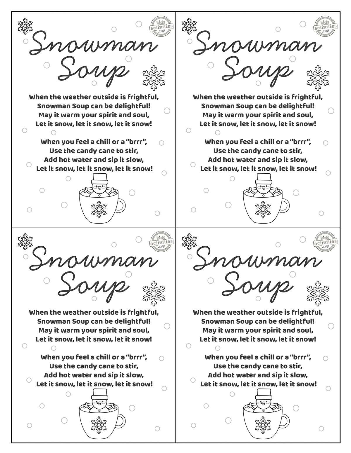 A Delightful Snowman Soup Gift With Free Printables Kids with Snowman Soup Poem Printable