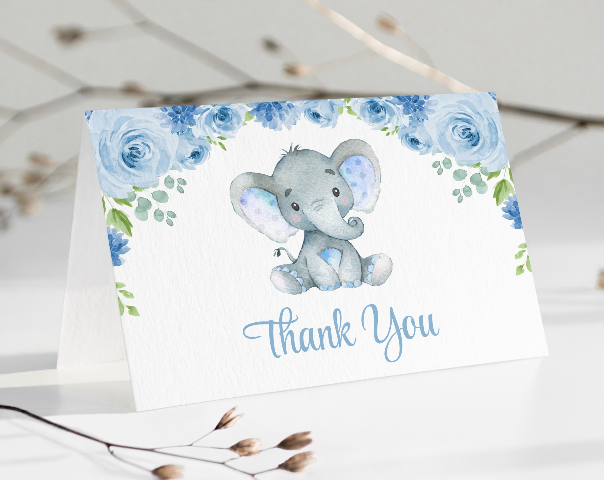 Baby Elephant Thank You Card, Boy Baby Shower, Printable File, Edit Yourself, Sh08 inside Baby Boy Shower Thank You Cards Printable
