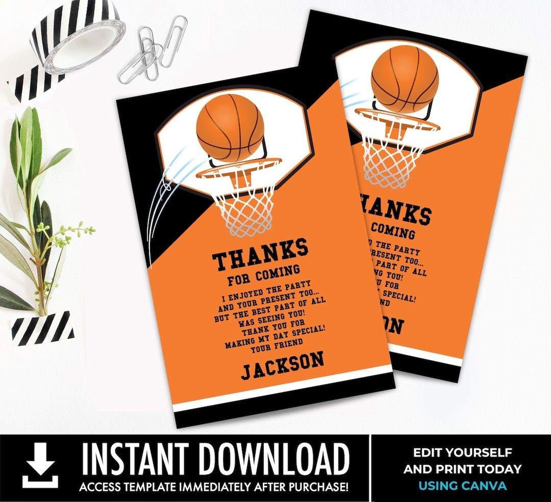 Basketball Thank You Note - Basketball Party, Basketball Birthday for Basketball Thank You Cards Printable