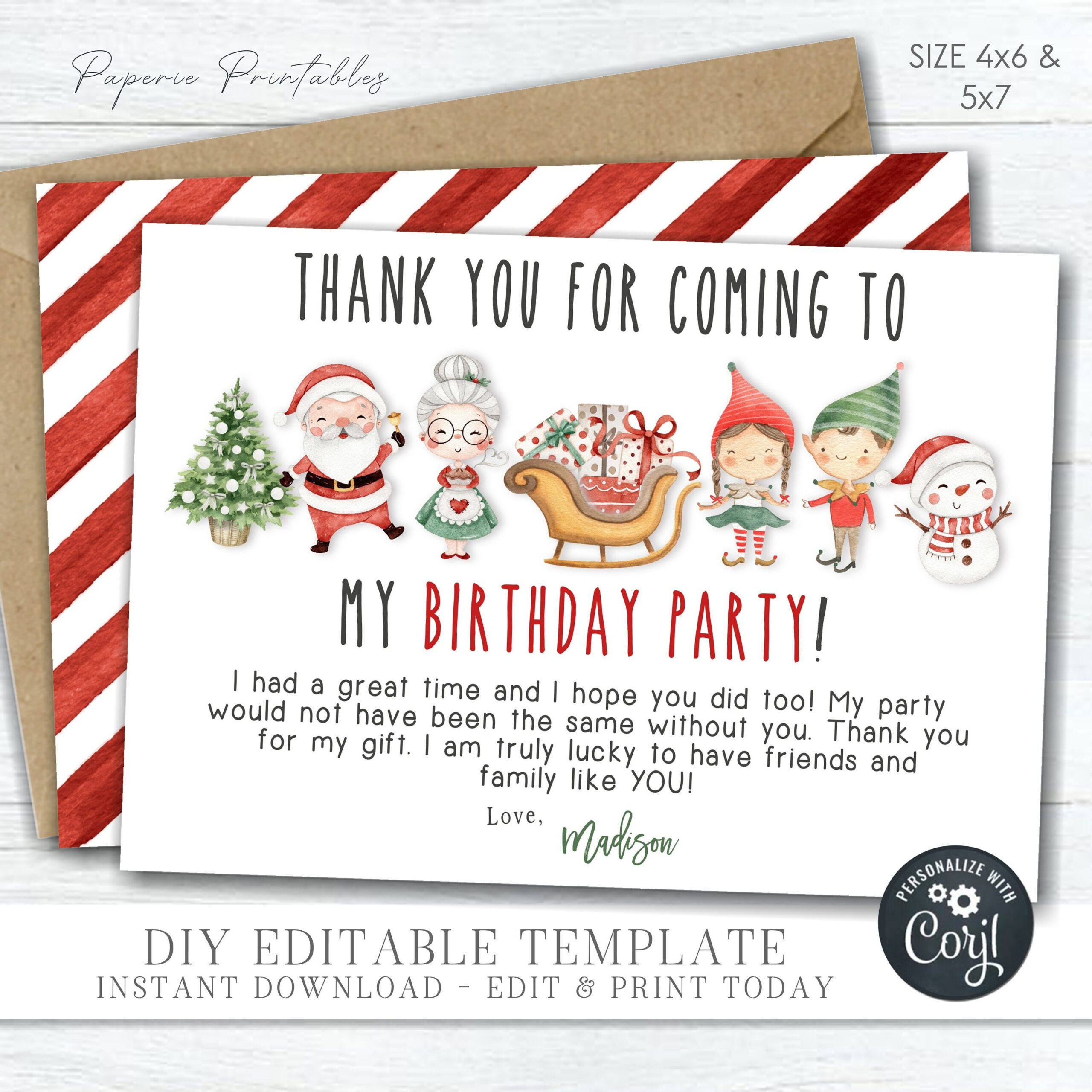 Christmas Birthday Thank You Card: Editable Diy Template (4X6 in Christmas Thank You Cards Printable