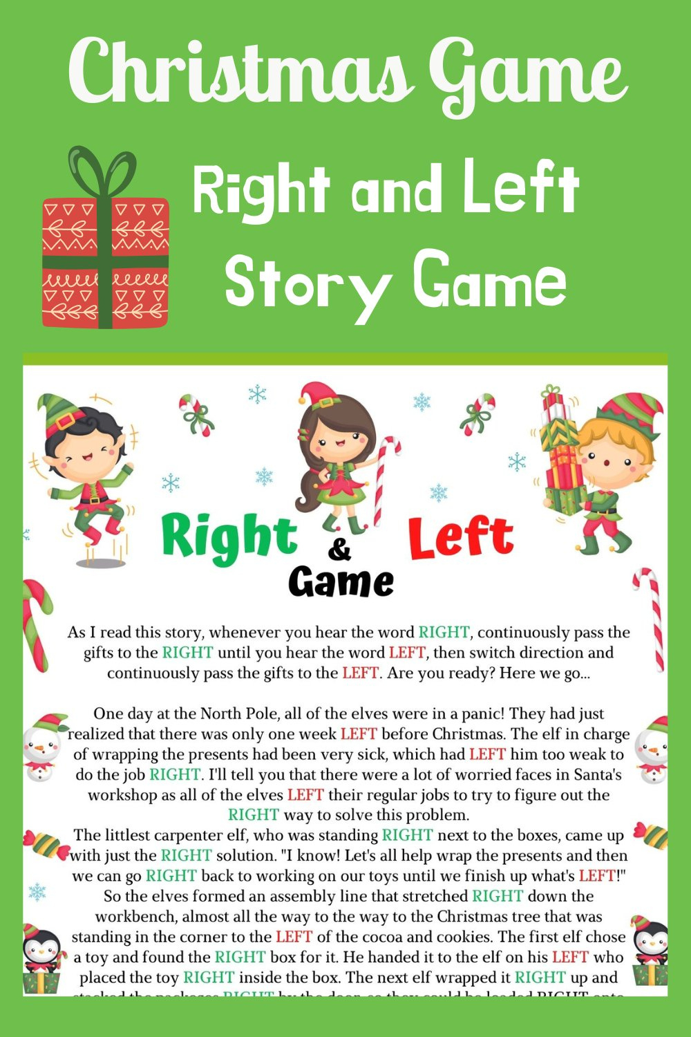 Elf Right And Left Story, Printable Winter Or Christmas Game pertaining to Left Right Christmas Game Printable For Kids