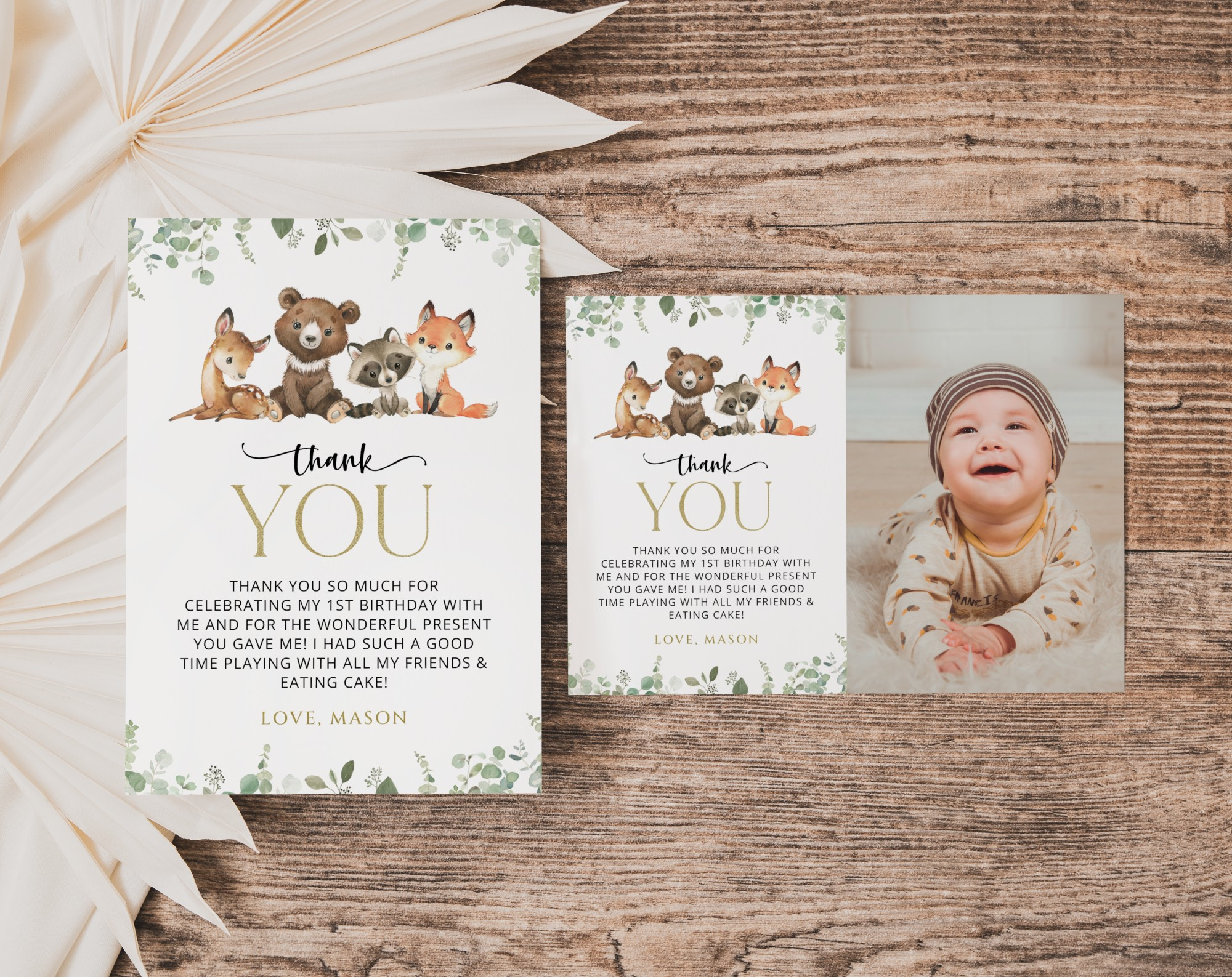 Forest Animals Thank You Card, First Birthday, Printable File, Edit  Yourself, Sh28 within First Birthday Thank You Cards Printable