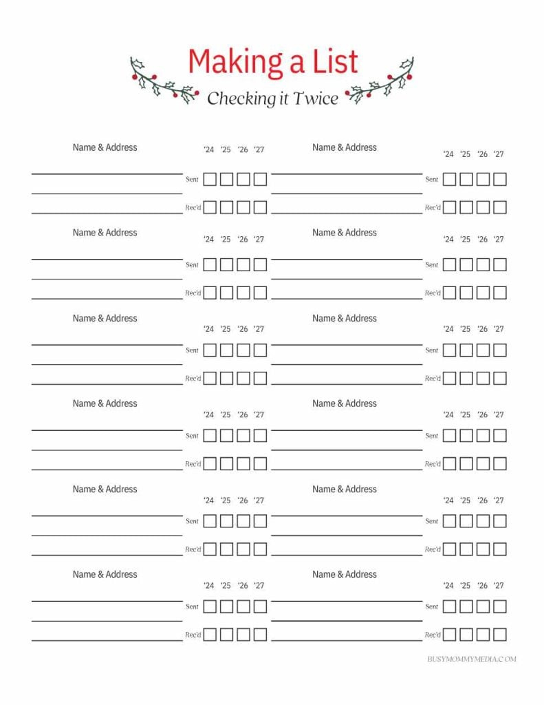 Free Printable Christmas Card Address List inside Free Printable Christmas Card Address List