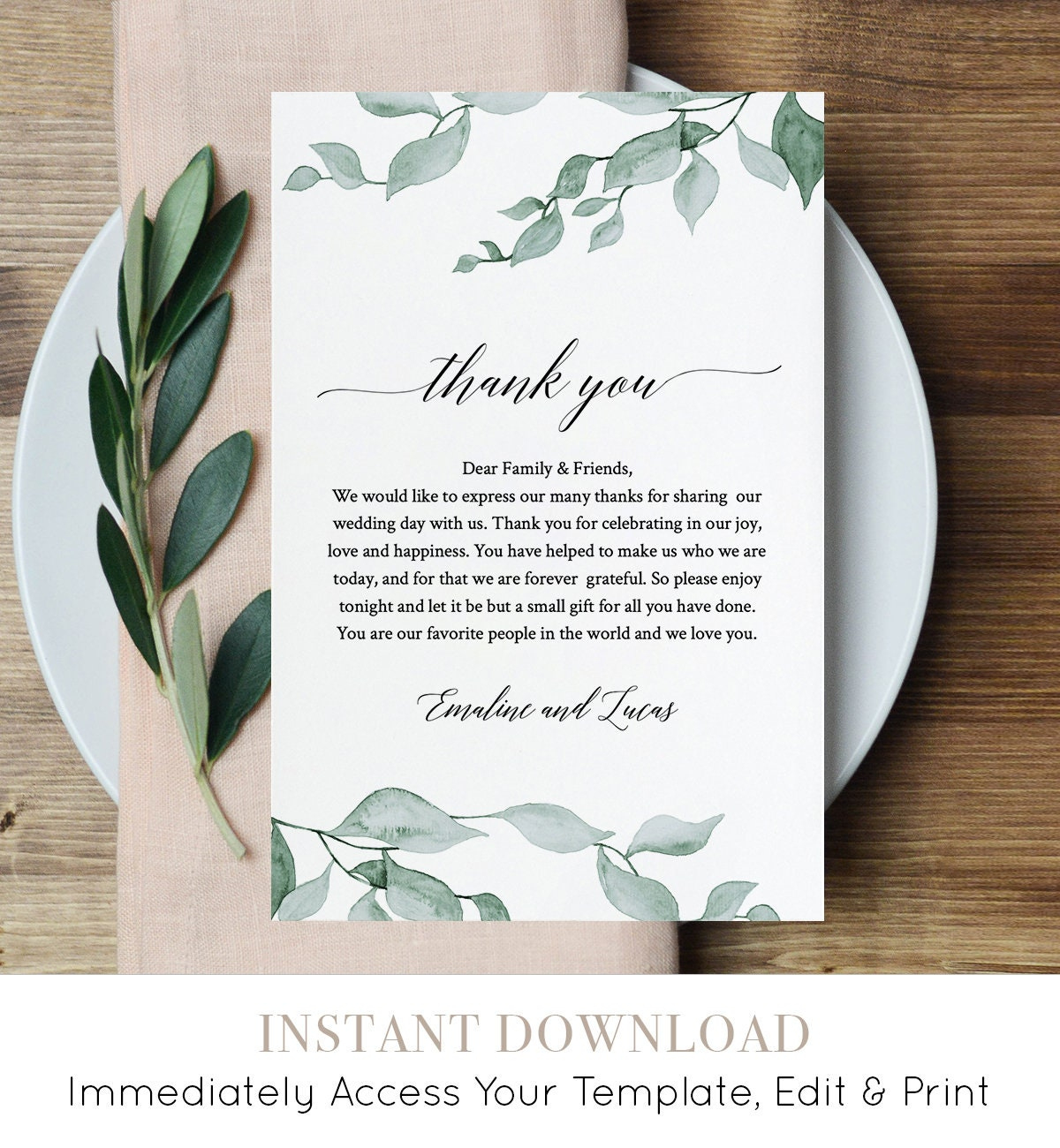 Greenery Wedding Thank You Card, Printable In Lieu Of Favor Card for Wedding Thank You Cards Printable