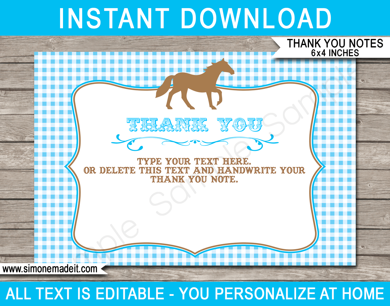 Horse Party Thank You Cards Template - Blue in Horse Thank You Cards Printable