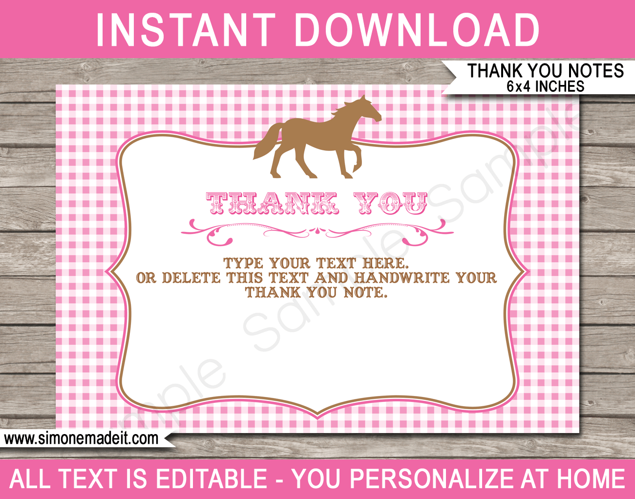 Horse Party Thank You Cards Template - Pink within Horse Thank You Cards Printable