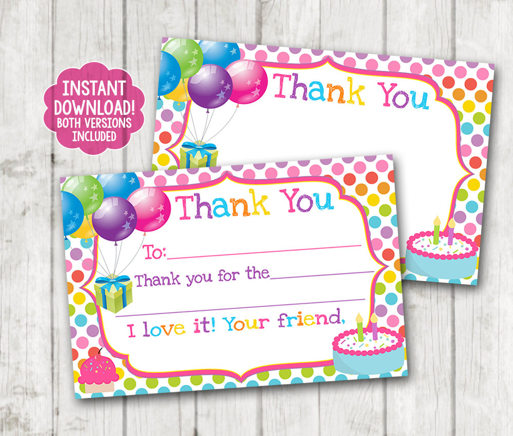 Instant Download Printable Birthday Thank You Cards, Balloons throughout Printable Free Thank You Cards For Birthday