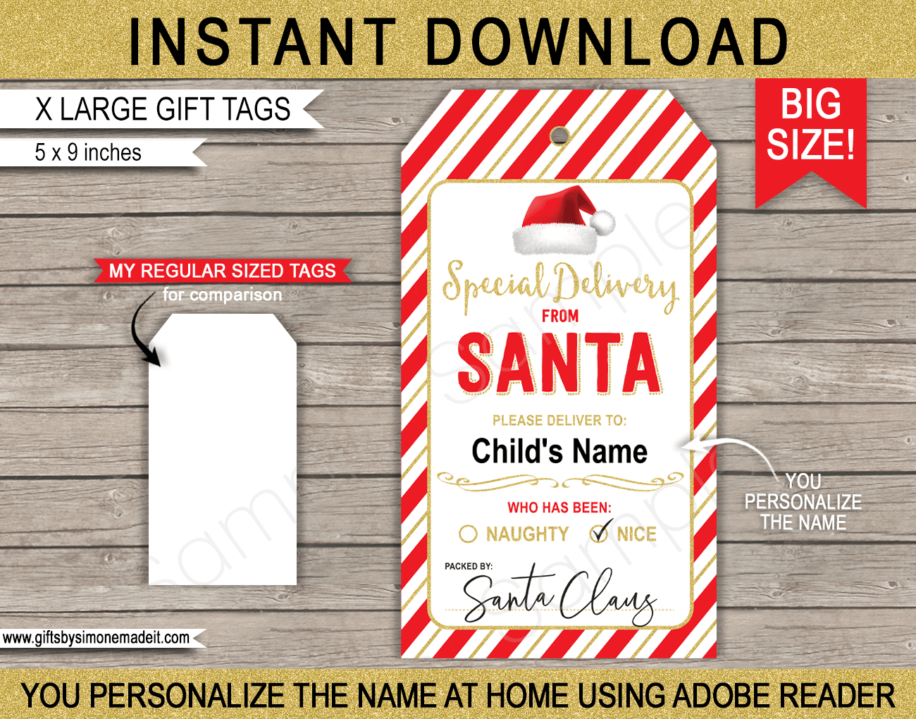 Large Santa Christmas Gift Tags - Red &amp;amp; Gold pertaining to Large Printable Christmas Gift Tags