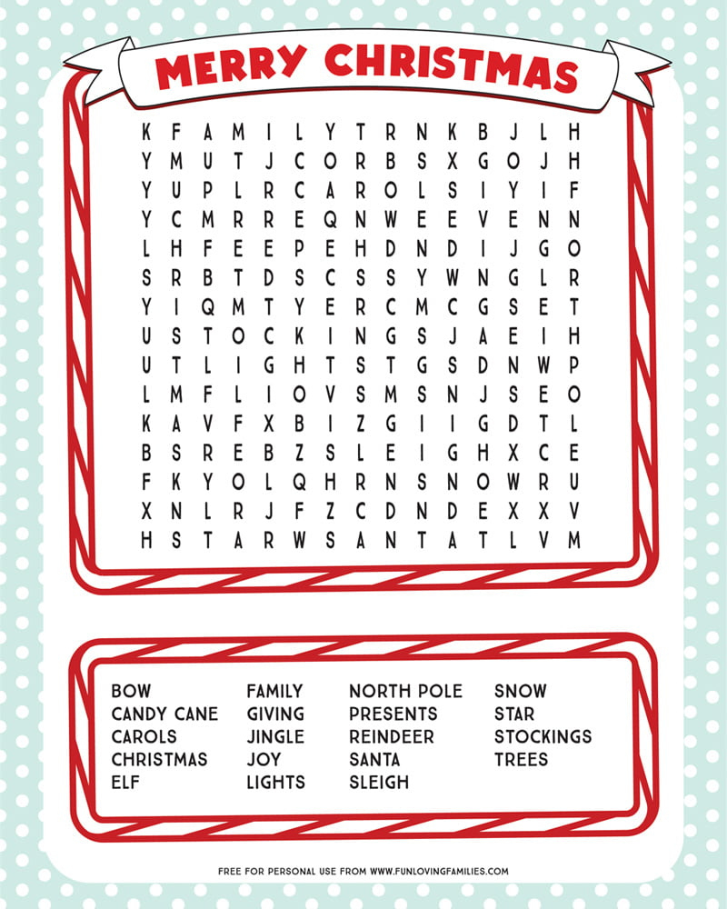 Printable Christmas Word Search - Fun Loving Families for Kids Holiday Word Search Printable