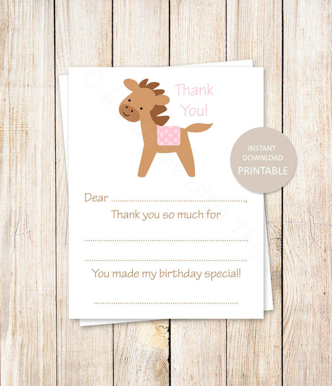 Printable Horse Thank You Cards: Girls Birthday, Pink Pony for Horse Thank You Cards Printable