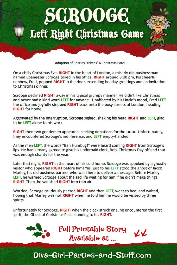 Printable Left Right Christmas Game Story Of Scrooge in Left Right Christmas Game Printable