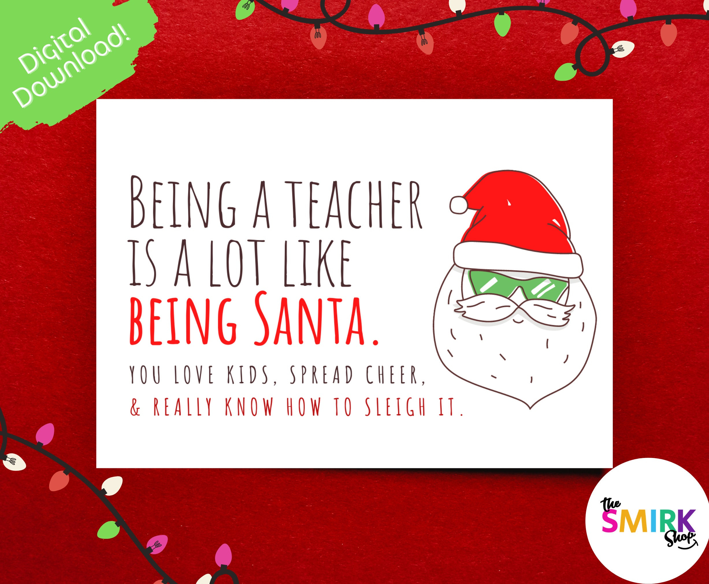 Printable Teacher Christmas Card: Santa Design (Digital Download for Printable Christmas Card For Teacher