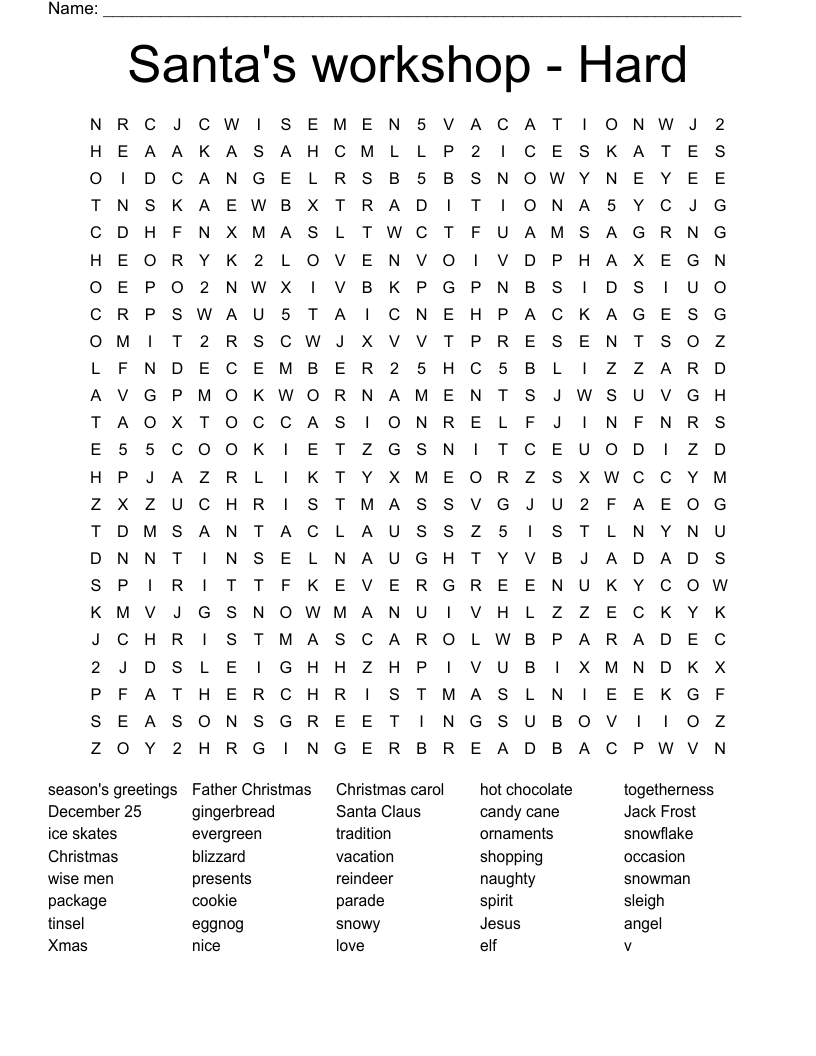 Santa'S Workshop - Hard Word Search - Wordmint throughout Holiday Word Search Printable For Adults