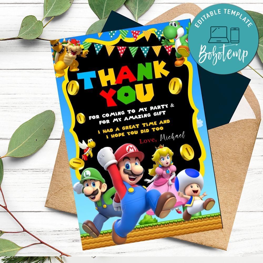 Super Mario Thank You Card Customizable Template Diy | Bobotemp regarding Mario Thank You Cards Printable