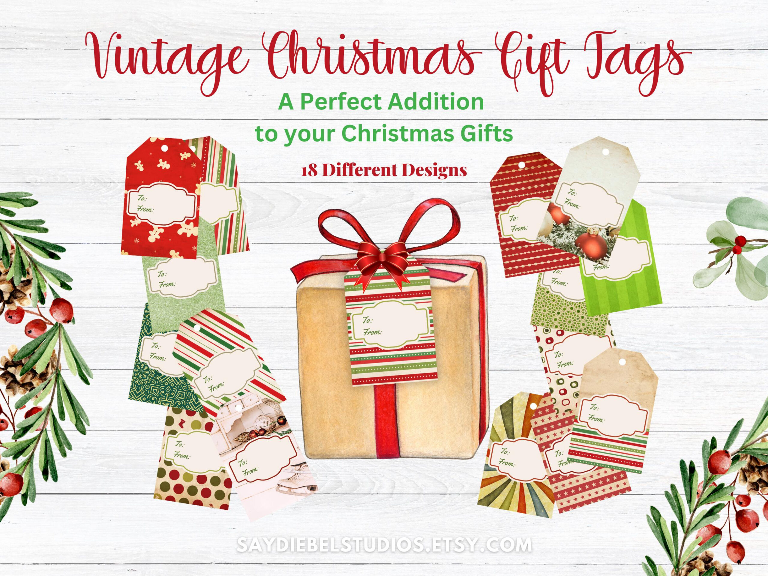 Vintage Christmas Gift Tags, Printable Holiday Diy Tags (Pdf Files in Etsy Printable Christmas Tags