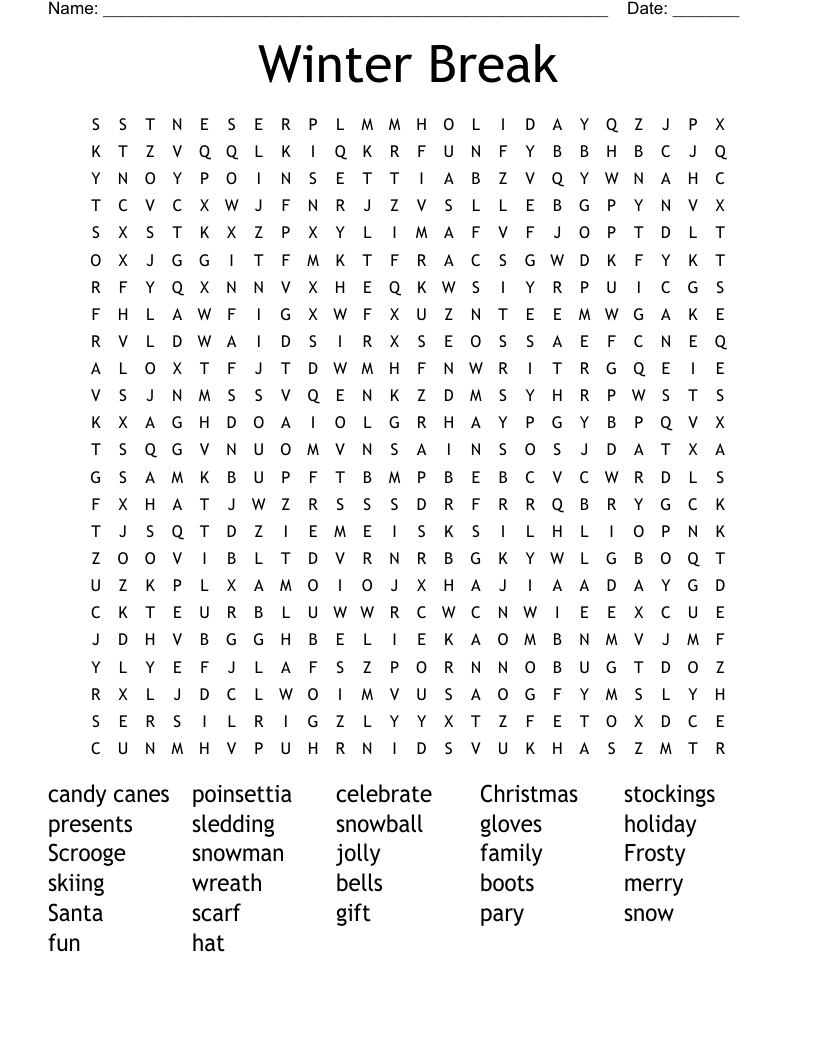 Winter Break Word Search - Wordmint intended for Winter Holiday Word Search Printable